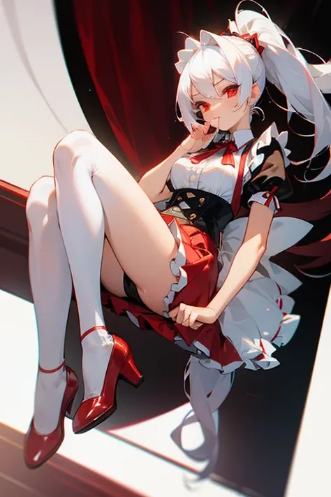 Woman, gorgeous, sexy, white hair, red eyes, two ponytails, red maid-like dress, black and white little details, ruffled skirt, seductive look, seductive pose, white stockings up to the middle of the thighs, red shoes