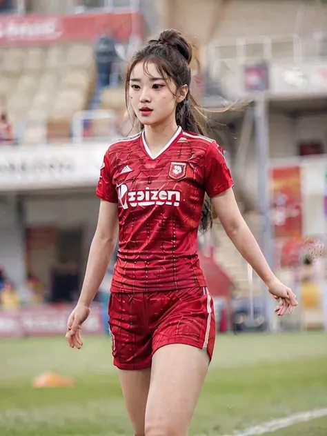 beautiful detail, best quality, 8k, highly detailed face and skin texture, high resolution, cute asian girl in red soccer uniform at stadium, sharp focus