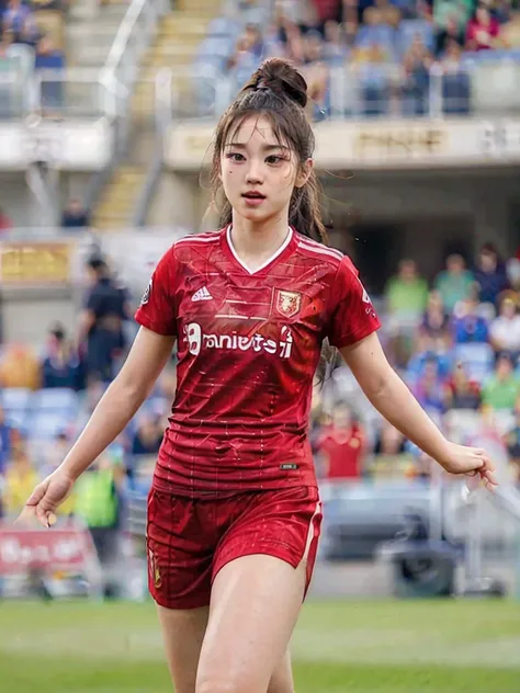 beautiful detail, best quality, 8k, highly detailed face and skin texture, high resolution, cute asian girl in red soccer uniform at stadium, sharp focus
