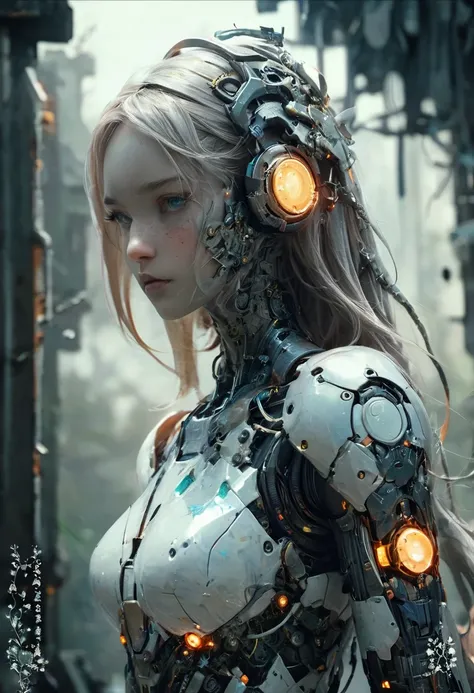 Best quality: 1.0), (Super High Resolution: 1.0), a broken feminine humanoid robot a light shone on her, sadness face, trying to reach out, dented, scratched, flaking peeling paint, in a abandoned temple room, mossy and fungus, once pretty,An artistic phot...