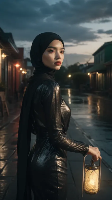 Create an otherworldly scene where a Malay girl in a hijab, holding a magical lantern, explores an enchanted floating island surrounded by glowing butterflies. The island is suspended in the sky, revealing stunning landscapes and mysterious creatures, 70mm...