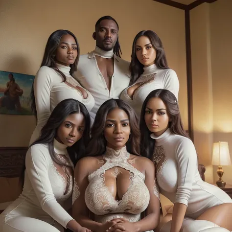 a african man in-center of composition, (in bedroom) A diverse group of four beautiful adult women of different ethnicities, beautiful highly detailed faces are wearing white turtleneck-shirts and white yoga-pants (the women express desire) (the women care...