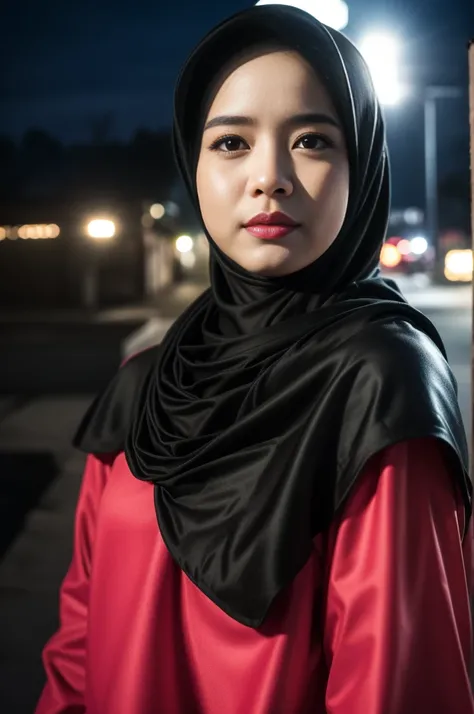 malay girl sexy seducing pose, nighttime city, (mira filzah:1.3), wearing hijab, pastel color hijab, pink , , small breast, flat chest, wide waist, thick thighs bright lighting, big round ass, matured face, slim abs, Nikon D850, Photographie de film ,4 Kod...