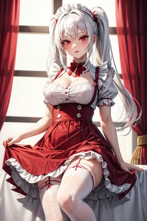 Woman, gorgeous, sexy, white hair, red eyes, two ponytails, red maid-like dress, black and white little details, ruffled skirt, seductive look, seductive pose, white stockings up to the middle of the thighs, red shoes