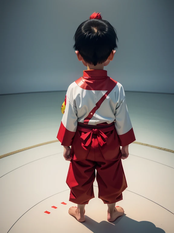 Little Boy、4 year old boy、Standing posture、Landscape、wearing a costume、Kumatori face in Kabuki（Draw a red line on white paper）、Kabuki Stage、Bright lighting、Red light up from behind、