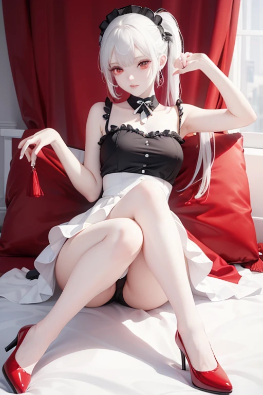 Woman, gorgeous, sexy, white hair, red eyes, two ponytails, red maid-like dress, black and white little details, ruffled skirt, seductive look, seductive pose, white stockings up to the middle of the thighs, red shoes