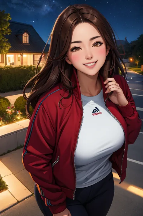 (nsfw),masterpiece,ultra detailed,sharp focus,high resolution,brown hair,female,smile,pov,track jacket,in bush,night,night sky,night light,from above,