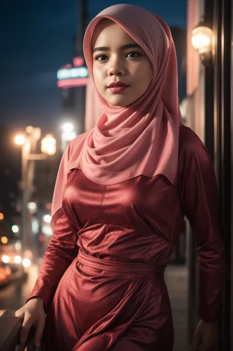 malay girl sexy seducing pose, nighttime city, (mira filzah:1.3), wearing hijab, pastel color hijab, pink , , small breast, flat chest, wide waist, thick thighs bright lighting, big round ass, matured face, slim abs, Nikon D850, Photographie de film ,4 Kod...