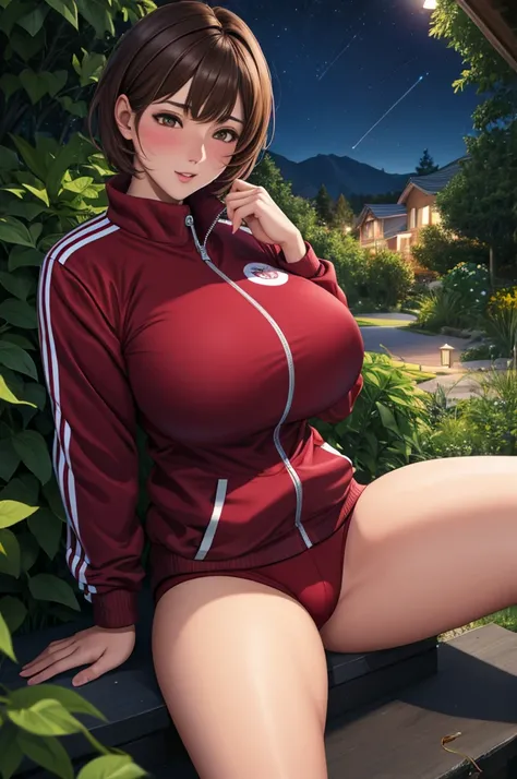 (nsfw),masterpiece,ultra detailed,sharp focus,high resolution,brown  short hair,(tareme),female, blushed,,pov,track jacket,sitting in bush,night,night sky,night light,from above,gigantic breasts,