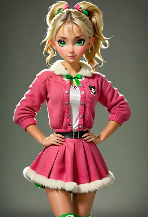 ((wearing  Red cardigan and Standing with her hands behind her back)) is a a girl. ((cute)). ((one one of her eyes is green the other  eye pink.)) ((wearing brown sheepskin minidress))
long blonde ponytail tied back with a white ribbon. black heels. around...