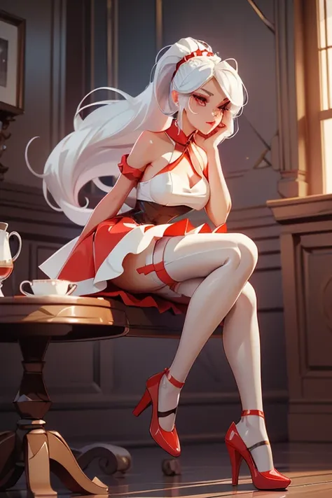 Woman, gorgeous, sexy, white hair, red eyes, two ponytails, red maid-like dress, black and white little details, ruffled skirt, seductive look, seductive pose, white stockings up to the middle of the thighs, red shoes