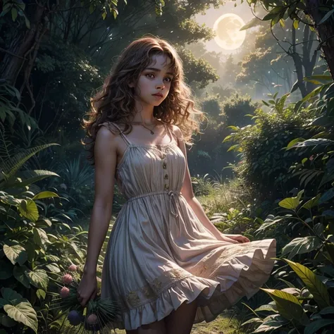 Realistic photography, high quality, Twenty-year-old Hermione Granger collects cacti in a forest clearing near Hogwarts, she is wearing a light sundress, Moonlight night, glowing eyes in the bushes, (unicorn in the distance: 1.1)