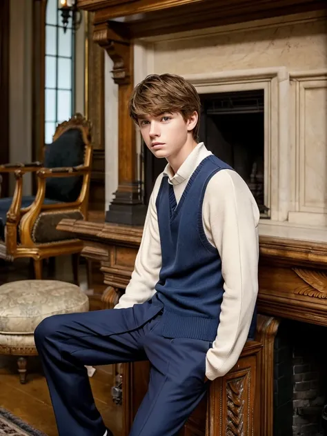 A 16-year-old boy next to a large fireplace, elegant and old, white skin, light brown hair, blue eyes, fine features, handsome boy, shy look, a little sad and serious, fine elegant clothes, London 