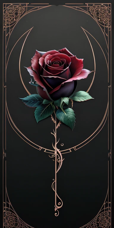 Logo Creation、background　none、Line art、Black Rose、highest quality, Very detailed, "Black Roseの花+Crescent Moon" ,Ultra Wide Angle,((Very delicate and beautiful)),High resolution、Bent stem、Splinter、One Rose、