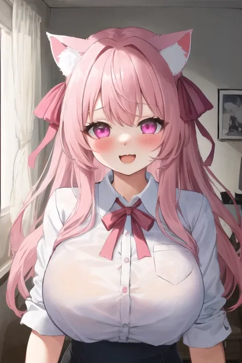 masterpiece, best quality, 1girl, (pink hair, long hair, detailed hair, cat ears, pink eyes, black hair ribbons:1.2), cute, (horny, horny eyes, extremely horny face, excited, heavily blushing:1.1), bedroom, (white buttoned shirt:1.1), (topheavy, big breast...