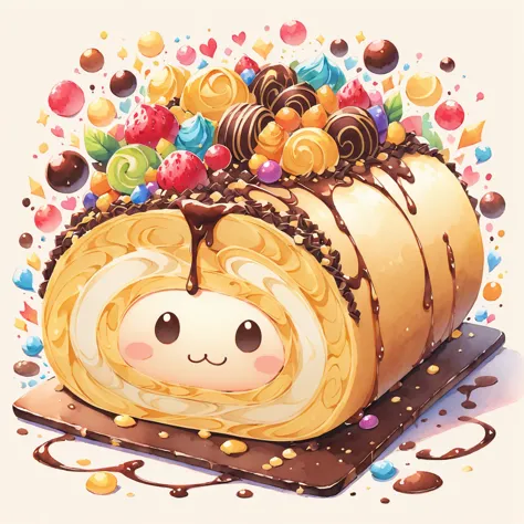 watercolor and ink illustration of a swiss roll cake with a chocolate color scheme, depicted in a delicious and delicate style. ...