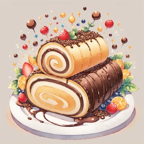 watercolor and ink illustration of a swiss roll cake with a chocolate color scheme, depicted in a delicious and delicate style. ...