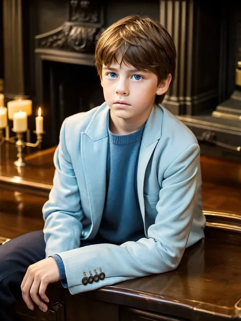 A 10 year old boy next to a large fireplace elegant and old white skin light brown hair blue eyes fine features handsome boy shy look sad and serious fine elegant clothes London 