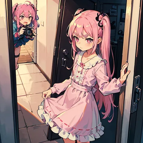 Girls with pink hair, long double-tailed hairstyle, ((small pink bushy eyebrows)), dressed in lolita clothes, marked vagina, lolicon (Zankuro) drawing style by zankuro artist, Zancro style, image uploaded to R34, changing of clothes in a room, looking away...