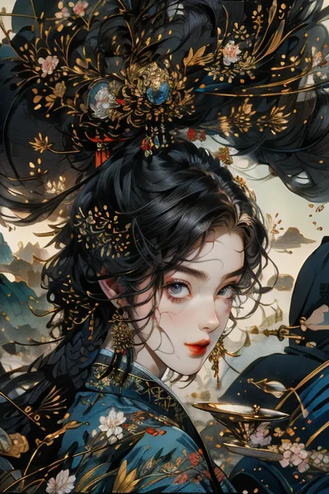 masterpiece, Fine details, Black hair and black pupils，girl，Chinese clothing，High Dynamic Range, ((The face and eyes are very detailed)), lifelike,, Focus on the eyes,, Looking at the audience, Smirking brunette, Chinese background,