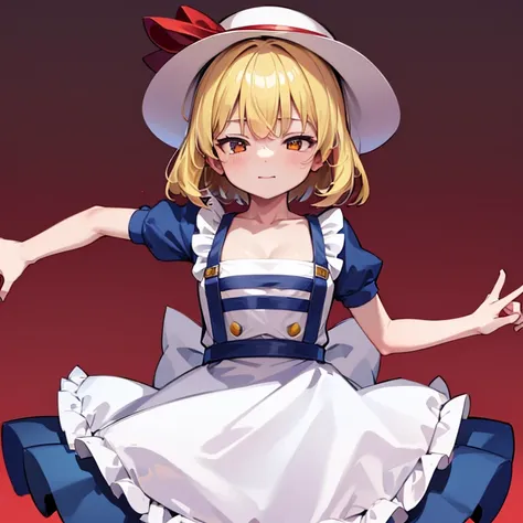 masterpiece, best quality, 1 girl, , , 12 years old, white hat, red ribbon, middle blonde hair, golden eyes, short puffy sleeves, white clothes, white apron, red ribbon tie, blue skirt, blue ruffles, collarbone, gentle smile, Kana Anaberal, Poltergeist, pi...