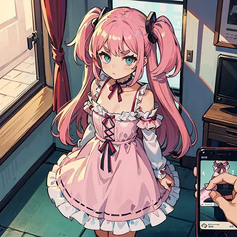 Girls with pink hair, long double-tailed hairstyle, ((small pink bushy eyebrows)), dressed in lolita clothes, marked vagina, lolicon (Zankuro) drawing style by zankuro artist, Zancro style, image uploaded to R34, changing of clothes in a room, hidden camer...