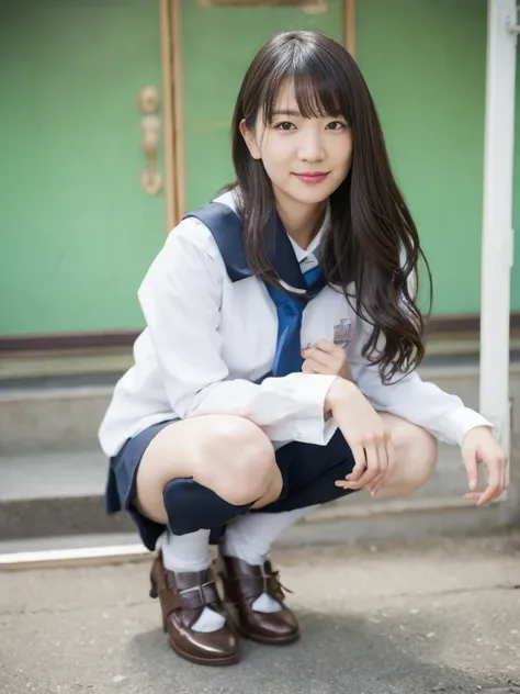 a fifty-something asian woman in uniform crouching on the curb, wearing japanese , japanese girl , japanese , young and cute gra...