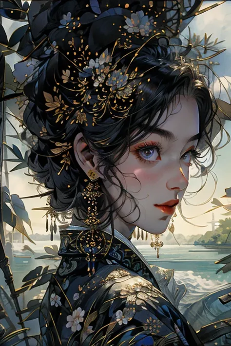 masterpiece, Fine details, Black hair and black pupils，girl，Chinese clothing， ((The face and eyes are very detailed)), lifelike,, Focus on the eyes,, Looking at the audience, Smug laughter ， Simple background
