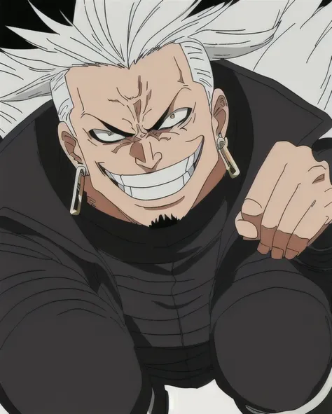 buff chaotic man, (exotic white fluffy hair:1.2), leather jacket, black jeans, normal ears, (earrings), (evil expression:1.2), (big wide open smile:1.2), (detailed face:1.2), leather boots