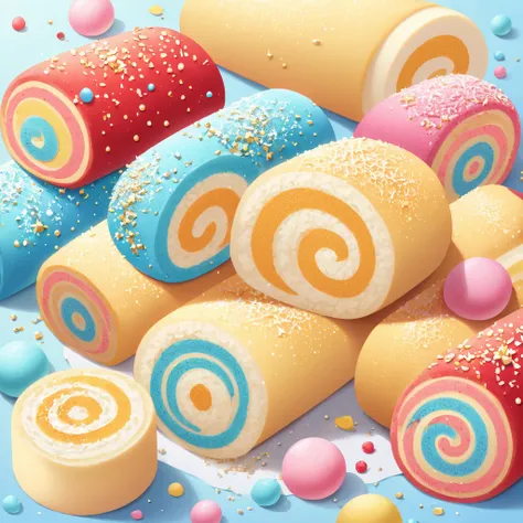 a delicious swiss roll，its distinctive blue color。this swiss roll is decorated with colorful sugar granules.，these colorful suga...