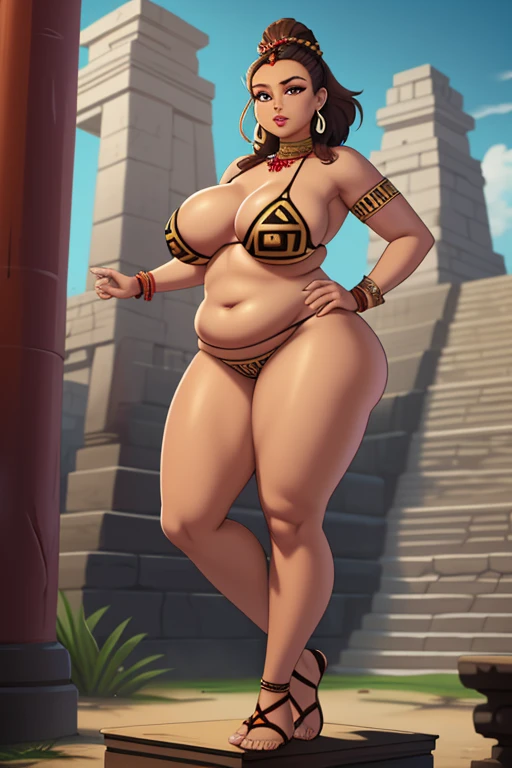 art by kipteitei, 1girl, curvy girl, model body, (revealing clothing), curvy body, slightly pudgy, big tits, wide hips, heavy lower body, (el dorado), latina, maya tribe, mayan woman, tribal clothing, piercings, reddish brown skin, (standing in temple podi...