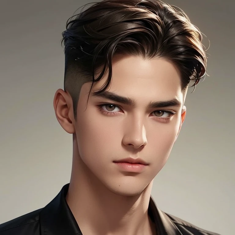 Brown eyes, Monolid eyes, Short hair, Undercut hair, Straight hair, Slicked back hair, brownish skin tone, using  for a senior boy, in the police, normal face, bright color.