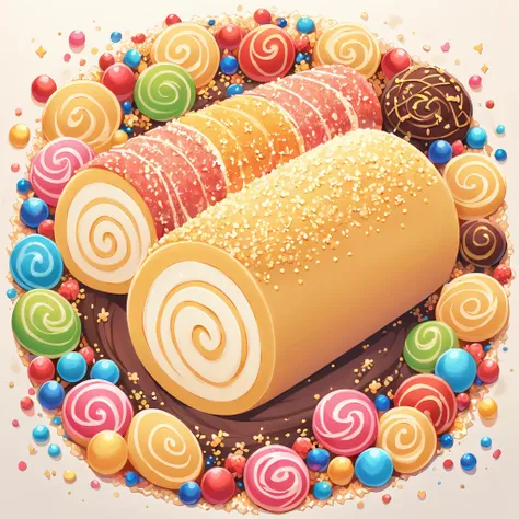 a delicious swiss roll，(solo), its distinctive feature is its bright chocolate color，this swiss roll is decorated with colorful ...