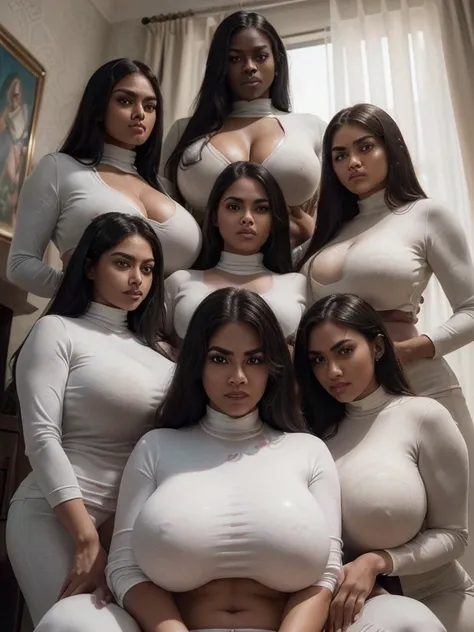 ne tall muscular black man in center of composition, four women with beautiful highly detailed faces are wearing white turtleneck-shirts and white yoga-pants (the four women express desire) (the four women surround and worship a single tall muscular black ...