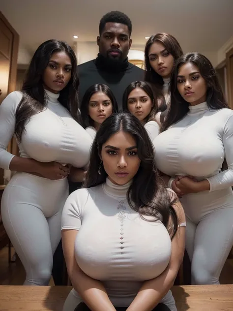 ne tall muscular black man in center of composition, four women with beautiful highly detailed faces are wearing white turtleneck-shirts and white yoga-pants (the four women express desire) (the four women surround and worship a single tall muscular black ...