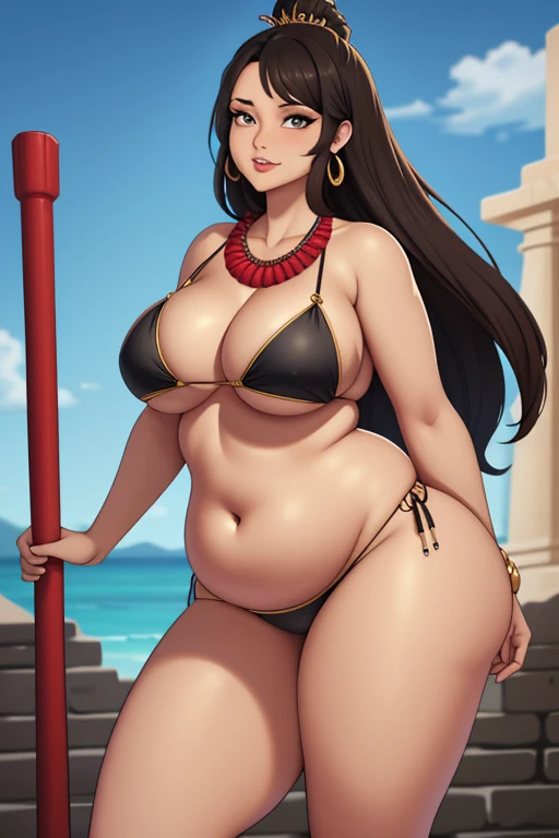 art by kipteitei, 1girl, curvy girl, model body, (revealing clothing), curvy body, slightly pudgy, big tits, wide hips, heavy lower body, (el dorado), latina, maya tribe, mayan woman, tribal clothing, piercings, reddish brown skin, (standing in temple podi...