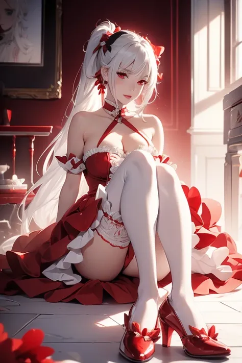 Woman, gorgeous, sexy, white hair, red eyes, two ponytails, red maid-like dress, black and white little details, ruffled skirt, seductive look, seductive pose, white stockings up to the middle of the thighs, red shoes