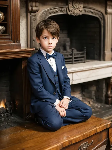 A 10-year-old boy next to a large fireplace, elegant and old, white skin, light brown hair, blue eyes, fine features, handsome boy, shy look, very sad, thoughtful, absent, melancholic and serious, very elegant clothes, fine London 