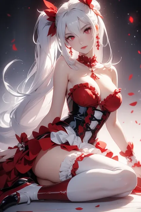 Woman, gorgeous, sexy, white hair, red eyes, two ponytails, red maid-like dress, black and white little details, ruffled skirt, seductive look, seductive pose, white stockings up to the middle of the thighs, red shoes