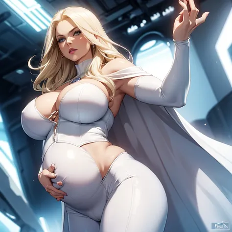  Hyper pregnant Emma Frost, tight white crop top, tight white leggings, white cape, white lipstick, blonde hair, seductive pose, big breasts