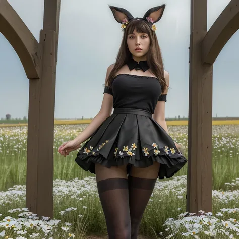 (masterpiece), (best quality), (highly detailed),black pantyhose, skirt, ears,standing,  flower field,