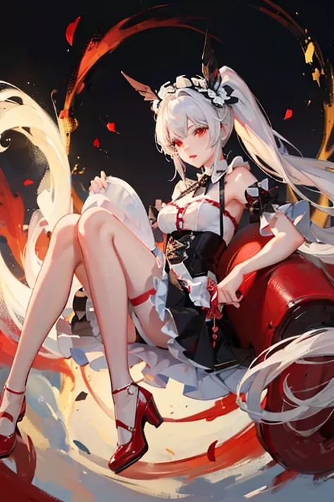 Woman, gorgeous, sexy, white hair, red eyes, two ponytails, red maid-like dress, black and white little details, ruffled skirt, seductive look, seductive pose, white stockings up to the middle of the thighs, red shoes