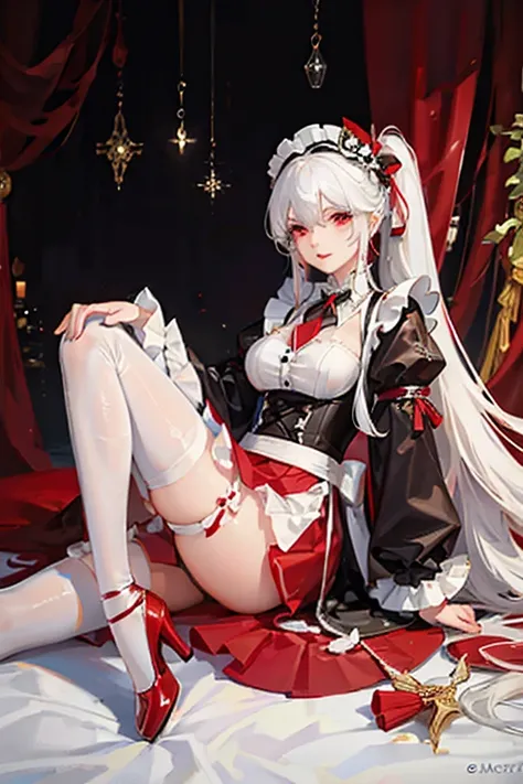 Woman, gorgeous, sexy, white hair, red eyes, two ponytails, red maid-like dress, black and white little details, ruffled skirt, seductive look, seductive pose, white stockings up to the middle of the thighs, red shoes