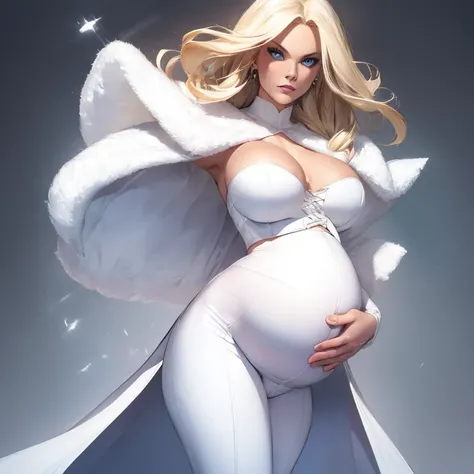  Very pregnant Emma Frost, tight white crop top, tight white leggings, white cape, white lipstick, blonde hair, seductive pose, medium breasts