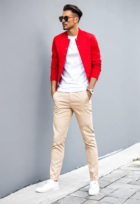 Hombre con pantalon beige, chamarra roja y playera blanca