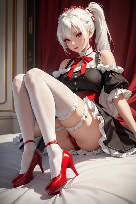 Woman, gorgeous, sexy, white hair, red eyes, two ponytails, red maid-like dress, black and white little details, ruffled skirt, seductive look, seductive pose, white stockings up to the middle of the thighs, red shoes