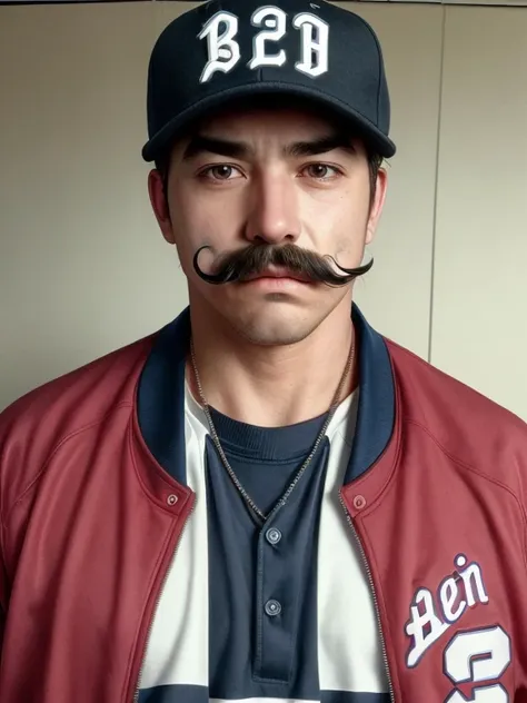 the man with mustache, baseball jacket,baseball shirt