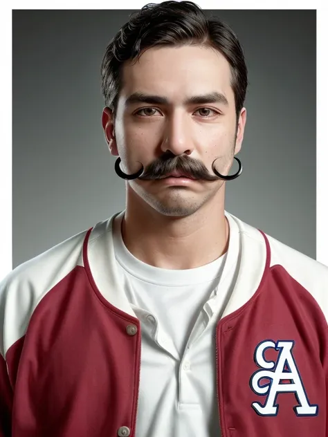 the man with mustache, baseball jacket,baseball shirt