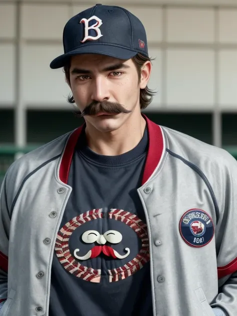 The man with mustache, baseball jacket,baseball shirt