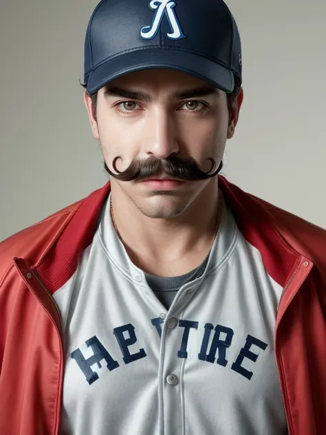 the man with mustache, baseball jacket,baseball shirt